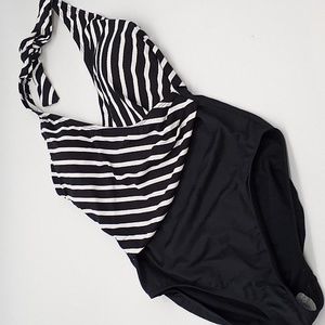 Lauren Ralph Lauren Striped Halter Tummy-Control One-Piece Swimsuit Black 6